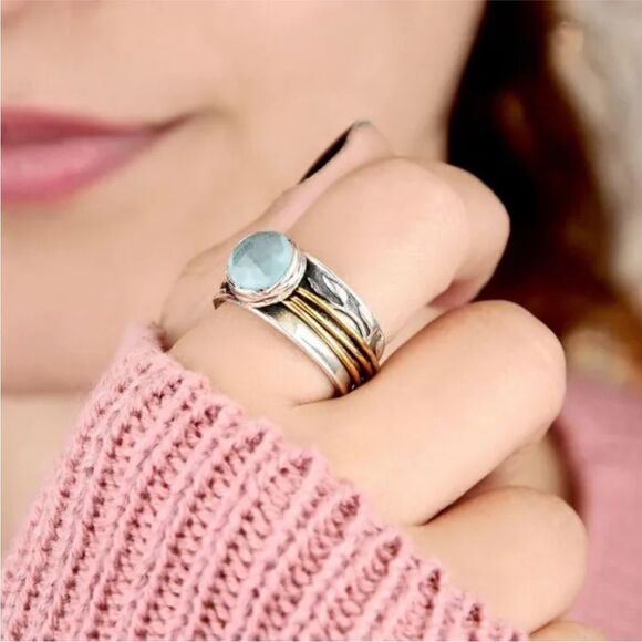 NEW Aquamarine Stone Two Tone Ring - Picture 1 of 8